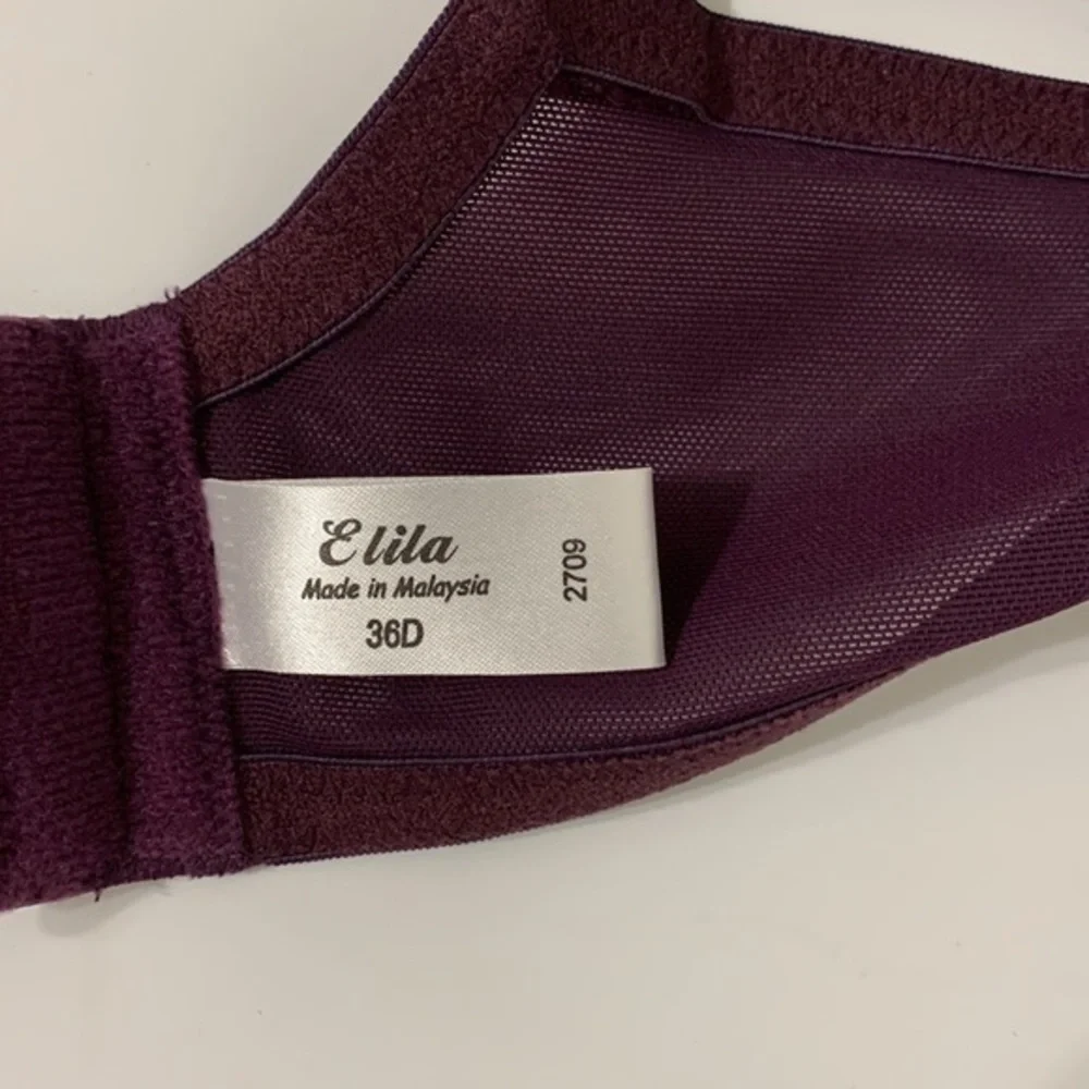 Elila purple/plum color lace underwire bra.  Size 36D. ‎ Adjustable straps.  New
